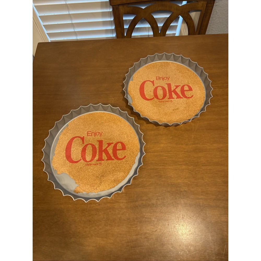Two Coca Cola Plastic Bottle Lid Serving Trays with No Slip Cork Bottom
